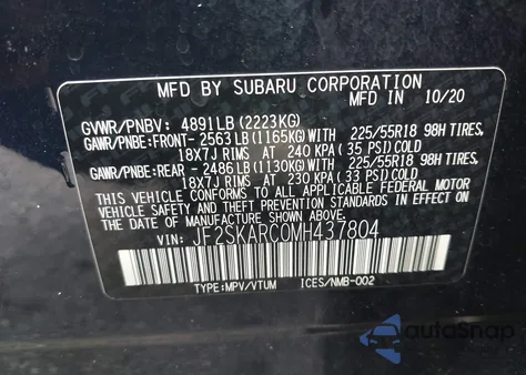 2021 Subaru Forester Sport z USA, uszkodzony, nr VIN JF2SKARC0MH437804